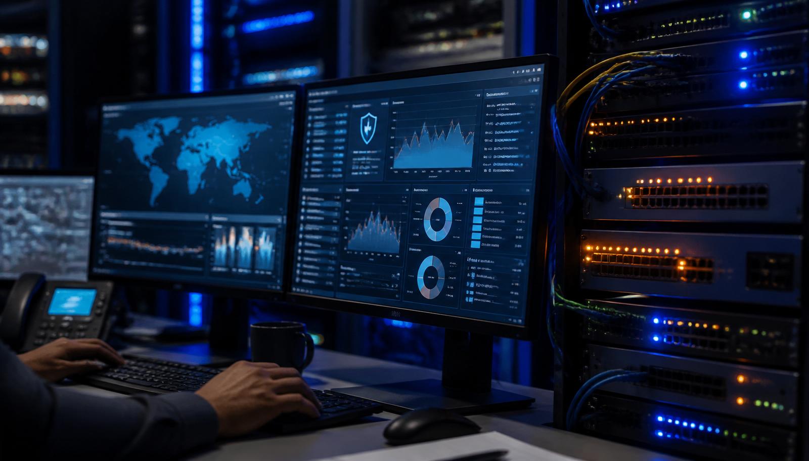 Painel de cibersegurança com firewall, eventos e indicadores de risco para PMEs.