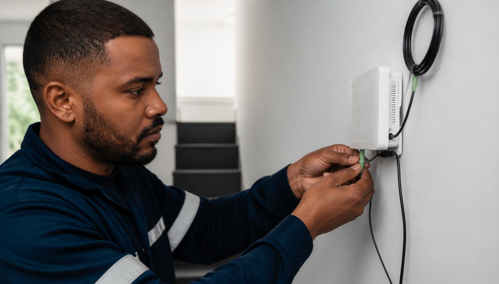 Técnico ajustando infraestrutura de fibra óptica para entrega de internet residencial.