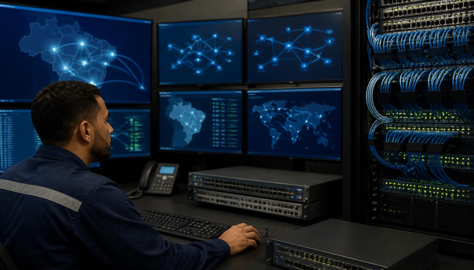 Topologia de conectividade empresarial com links redundantes e tráfego monitorado.