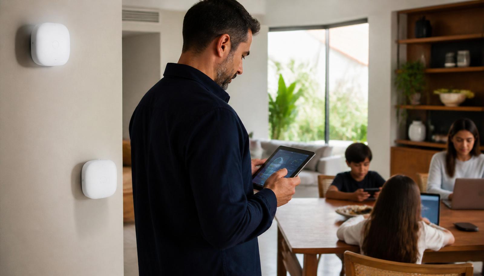 Ambiente residencial conectado por rede Wi-Fi mesh com múltiplos dispositivos.